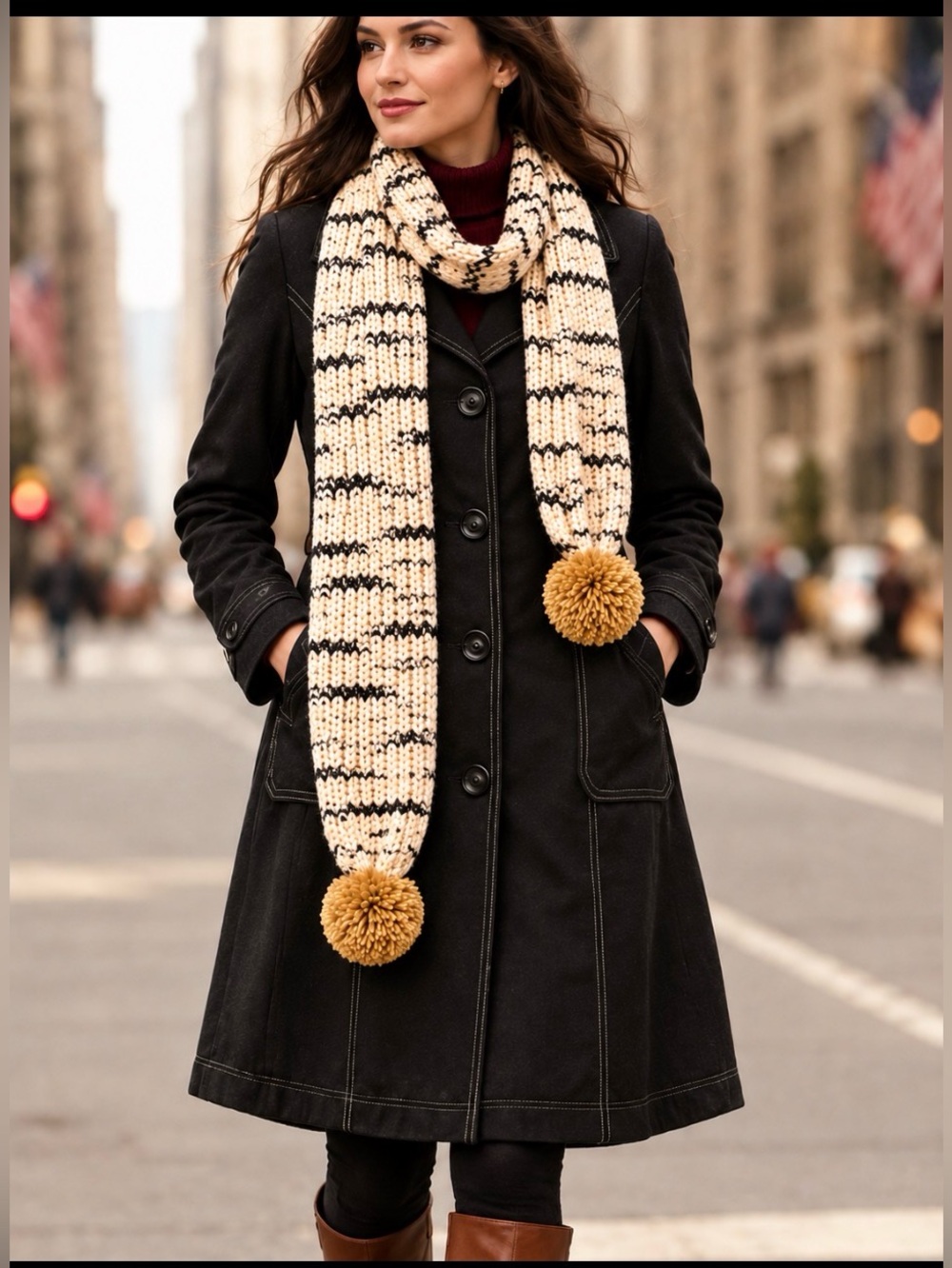 MADEWELL Soft Wool-blend Jumbo Pom-Poms Scarf Dark Smoke/Gold 76”L x 13”W NWT